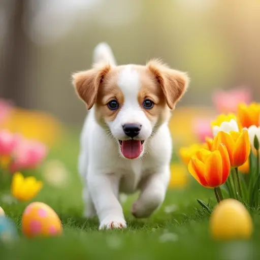 A playful puppy running through a field of colorful spring flowers, with a few Easter eggs hidden among the petals and the first signs of spring in the air.