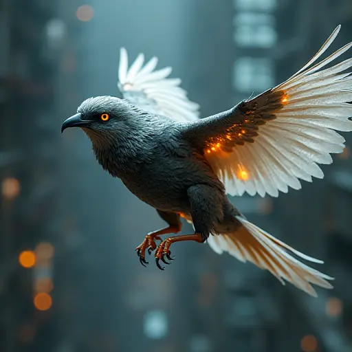 A futuristic bird with metallic feathers and glowing accents, captured mid-flight in a cyberpunk-inspired setting.