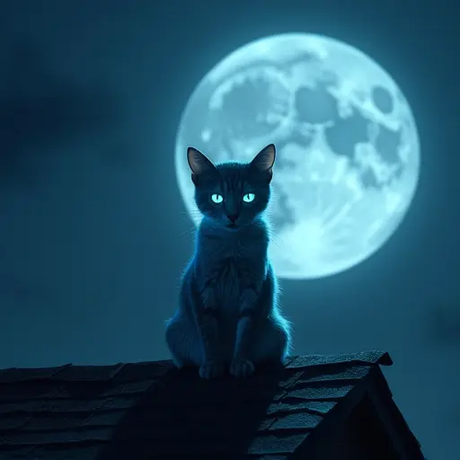 A mysterious cat with fur glowing faintly blue, sitting on a rooftop under the light of a massive full moon.