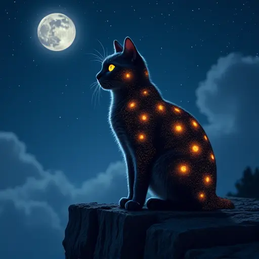 A cat with glowing patterns on its fur, sitting atop a cliff under a starry night sky, with the moon casting a soft light on its silhouette.