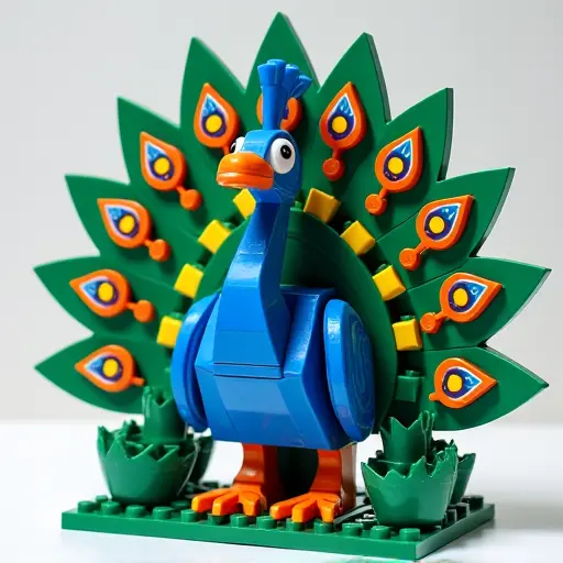 LEGO style of a peacock from the front view