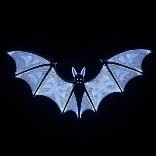 A bat with wings formed from flexible LED screens, displaying moving, glowing patterns. The wings bend and flex like fabric, creating a light-based, almost organic appearance as the bat flits through the air.