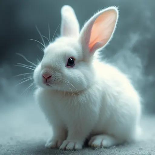 A rabbit with translucent fur, surrounded by a soft mist that gives it an ethereal, ghostly appearance.