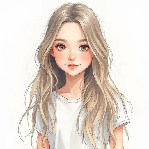 A girl with long, flowing hair, sketched with soft pencil strokes and delicate watercolor touches.