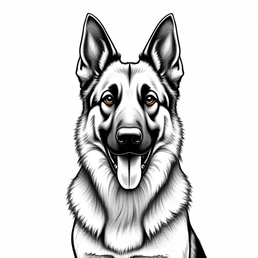 clean black and white hand-drawn outlines of a german shepherd from the front view