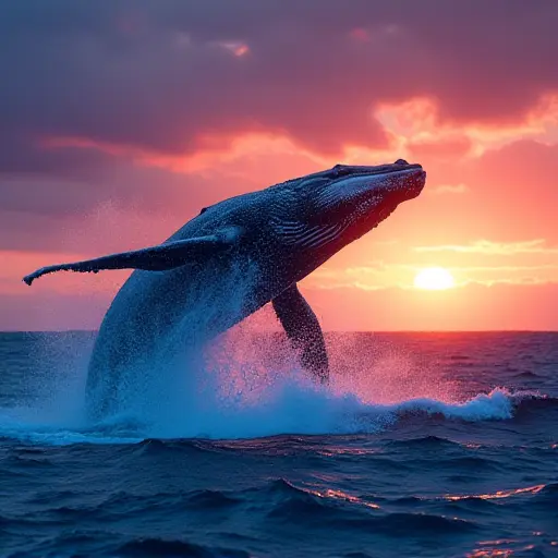 A giant whale breaching out of a glowing ocean filled with bioluminescent waves, under a vibrant sunset transitioning into twilight.