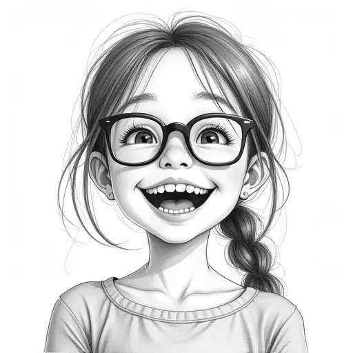 A girl with glasses and a wide smile, drawn with delicate pencil strokes and a bright expression.