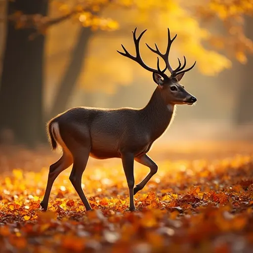 A wild deer gracefully walking through a field of autumn leaves, the golden and red foliage swirling around its hooves as it moves through the crisp autumn air, with the forest glowing in warm sunlight.