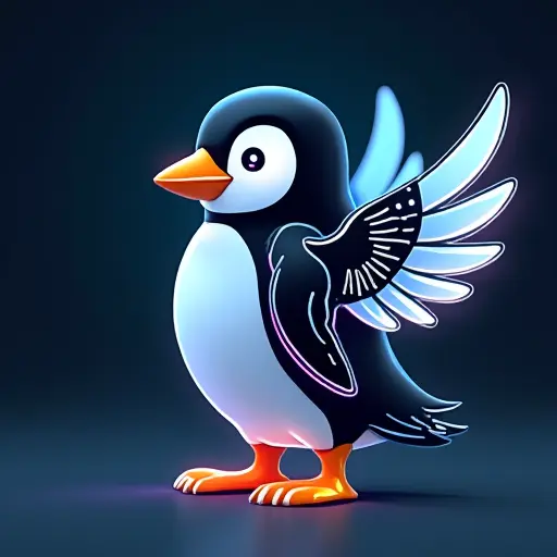 A penguin avatar with mechanical wings and glowing neon lines running along its body, designed in a cyberpunk style.