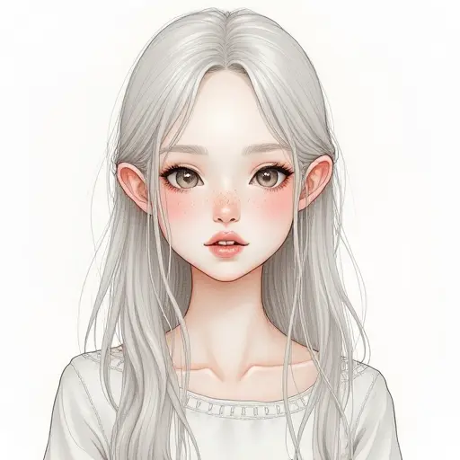 A girl with pale skin and long hair, drawn in fine pencil strokes with light watercolor highlights.