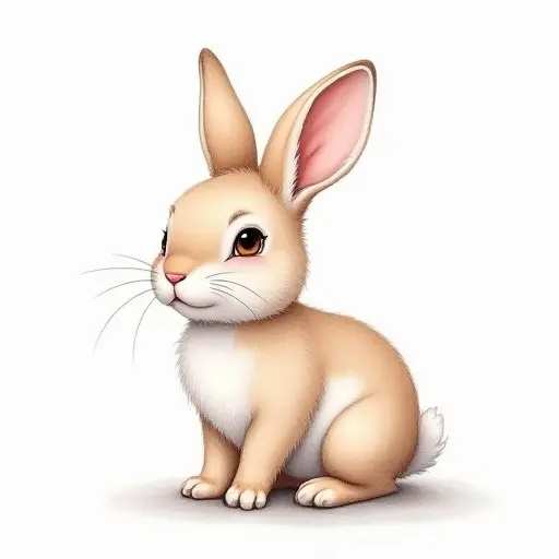 A bunny sitting calmly, its ears perked up, drawn in soft, delicate pencil strokes and pastel shades.