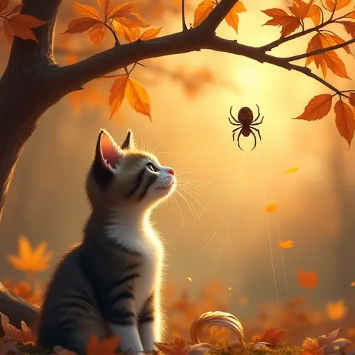 A cat curiously watching a spider weaving its web between two autumn branches, surrounded by leaves fluttering in the breeze, creating a serene and delicate scene.