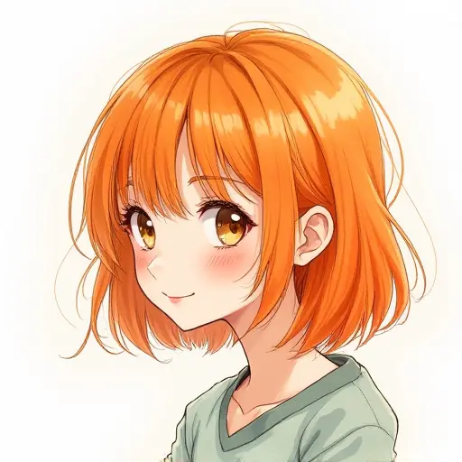 A girl with orange hair and a gentle smile, sketched in fine lines with soft watercolor highlights.