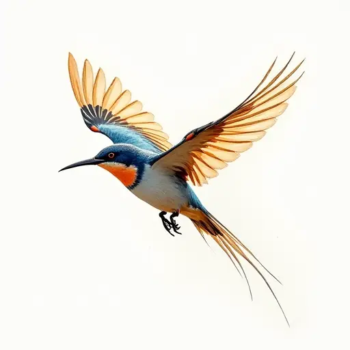 A bird in mid-flight, its wings spread wide, sketched with delicate ink strokes and bright colors.