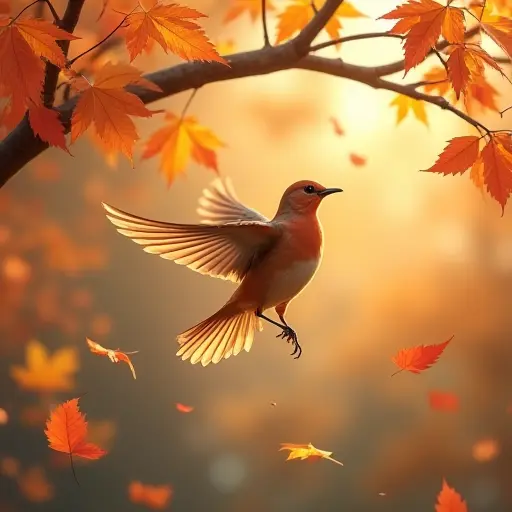 A bird flying through the crisp autumn air, with colorful leaves swirling around it, leaving a trail of falling leaves as it glides between branches.