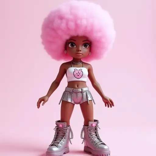 This Roblox avatar embodies the unique charm of a Black Rock Queen, with her pink afro, silver shorts, and silver boots, creating a bold and edgy rock star look. The cute white strapless top with adorable patterns adds a playful touch to her overall vibe, making her a perfect blend of cool and quirky. Whether you're a rock fan or just love unique styles, this free 3D avatar is ideal for showcasing your one-of-a-kind flair. Download this Black Rock Queen style avatar now and add an extra level of coolness to your Roblox character!