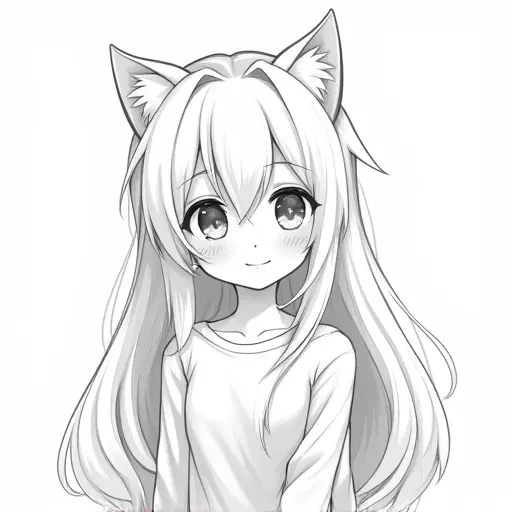 A cute girl with cat ears, drawn in playful, cartoonish style with soft pencil strokes.