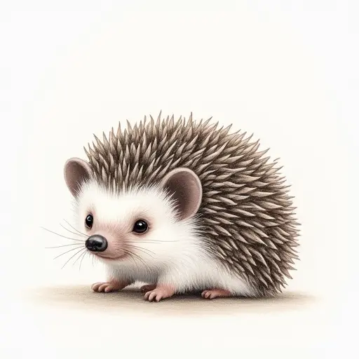 A tiny hedgehog with little spines, drawn with detailed pencil strokes and light pastel highlights.