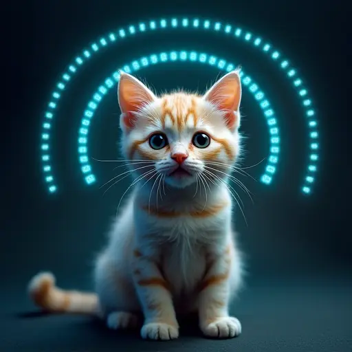 A cat with an aura of radio waves or energy pulses surrounding it, representing wireless technology or communication.