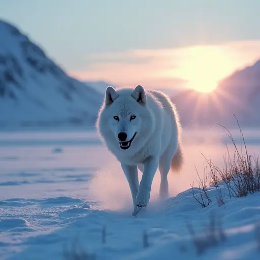 A white wolf running through an icy tundra under the midnight sun, with its fur glowing faintly against the snowy landscape and distant snow-capped mountains.