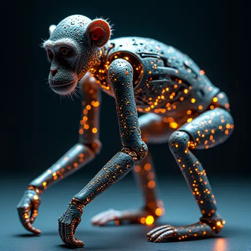 A monkey with a body made of interconnected electronic circuits, with glowing lines running through its limbs and joints. Its movements are highly precise, reflecting a combination of biological agility and robotic mechanics.