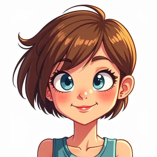 A cartoonish girl with short hair, drawn with bold lines and bright colors for a fun look.