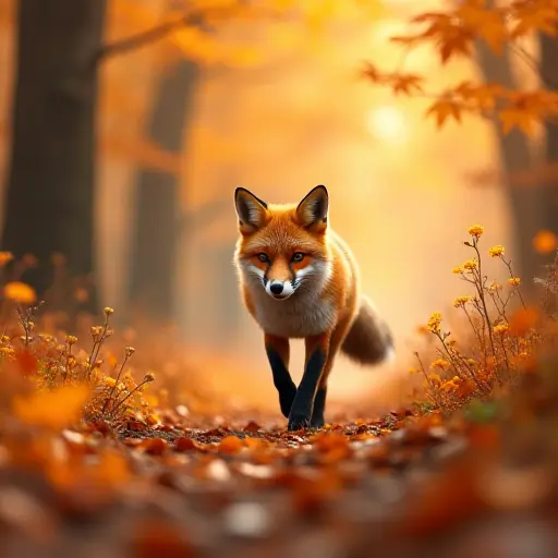 A fox trotting through a forest filled with autumn leaves, its path illuminated by small wildflowers still blooming in the fall, creating a soft and colorful contrast with the fiery foliage surrounding it.