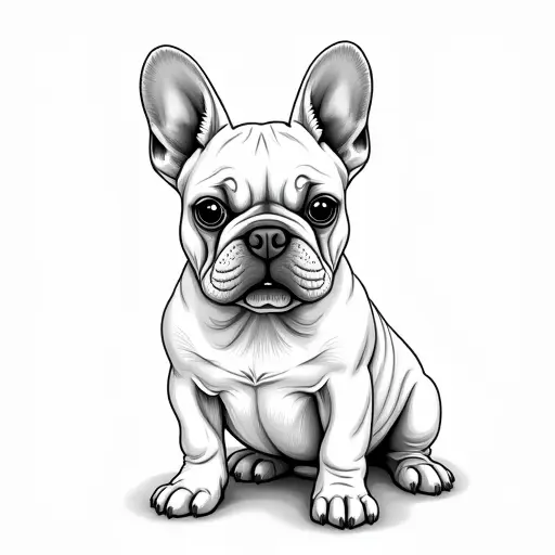 clean black and white hand-drawn outlines of a french bulldog from the front view