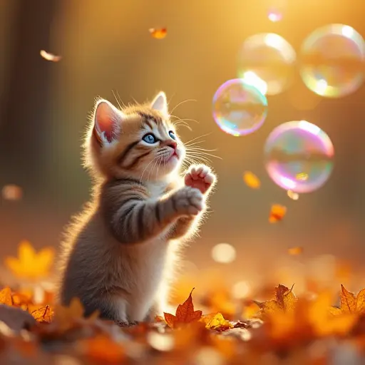 A kitten chasing colorful bubbles floating in the air, with autumn leaves falling around it as the bubbles shimmer in the sunlight, creating a playful and magical scene.