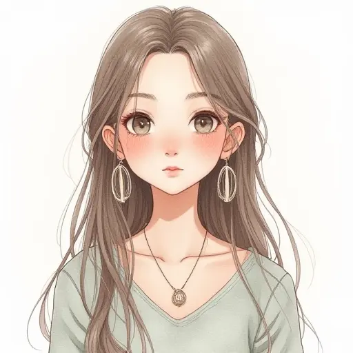 A girl with long hair and large earrings, drawn in soft pencil strokes with gentle watercolor hues.