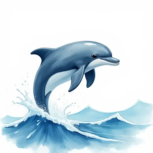 A playful dolphin jumping through waves, with clean, fluid lines and soft, ocean-like blues in watercolor.