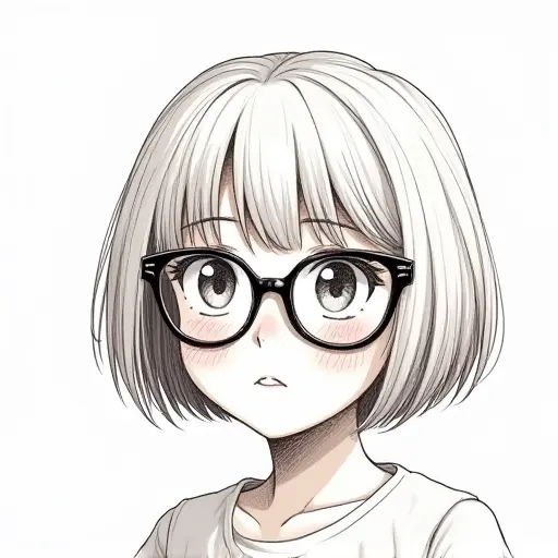 A girl with large glasses, short bobbed hair, and a playful expression, drawn in fine ink lines with light shading.