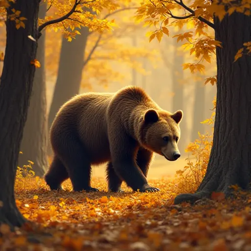 A bear wandering through a forest of towering trees with golden autumn leaves scattered on the ground, its thick fur blending with the fall colors.