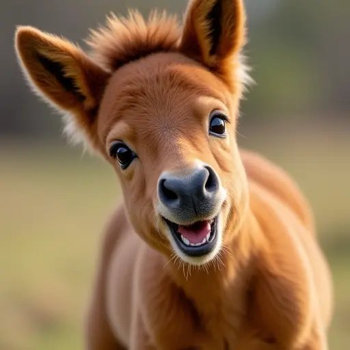 Playful foal with soft brown fur, big eyes, and a joyful expression.