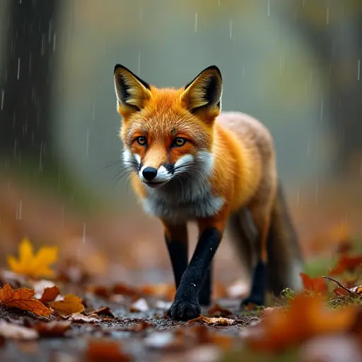 A fox with fur glistening from the autumn rain, walking through a forest where soft rain drops fall from the trees, and the forest floor is blanketed with colorful leaves, adding to the peaceful, serene atmosphere.