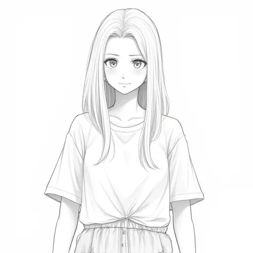 A girl wearing casual clothes, with a relaxed expression and long hair, drawn in soft pencil strokes.