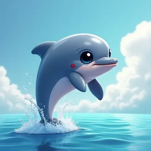 Adorable dolphin with shiny skin, big eyes, and a cheerful leap out of the water.