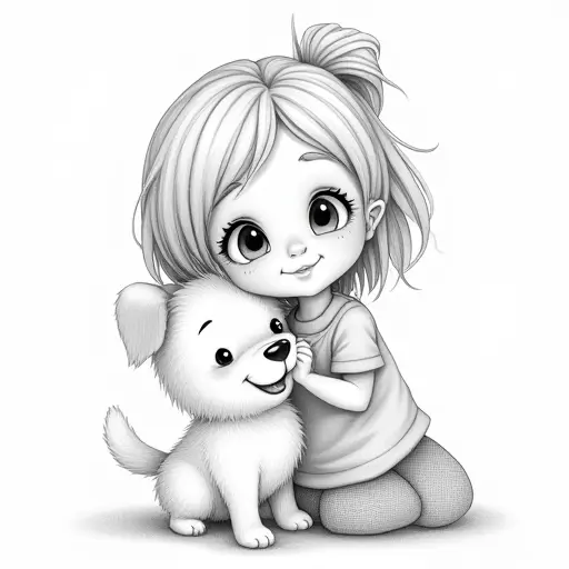 A cute girl with a dog, drawn in a playful, cartoonish style with soft pencil strokes.