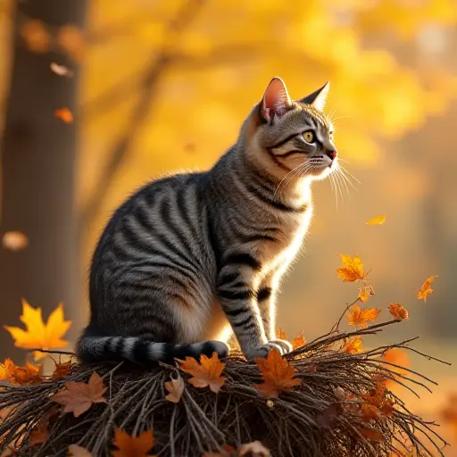 A cat perched on a pile of dried branches, surrounded by golden autumn leaves, as the wind gently blows the leaves around, creating a soft rustling sound in the crisp autumn air.