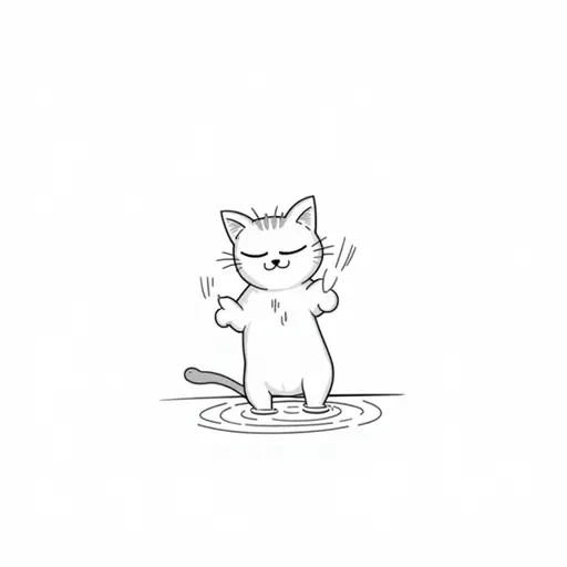 black and white simple line drawing of A siamese cat playfully splashing water with its paws, showing a mischievous expression.