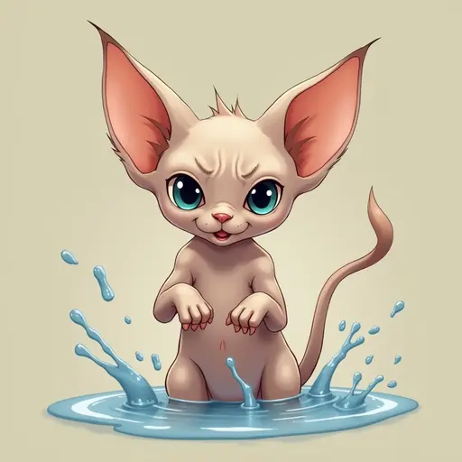 studio ghibli style of A sphynx cat playfully splashing water with its paws, showing a mischievous expression.