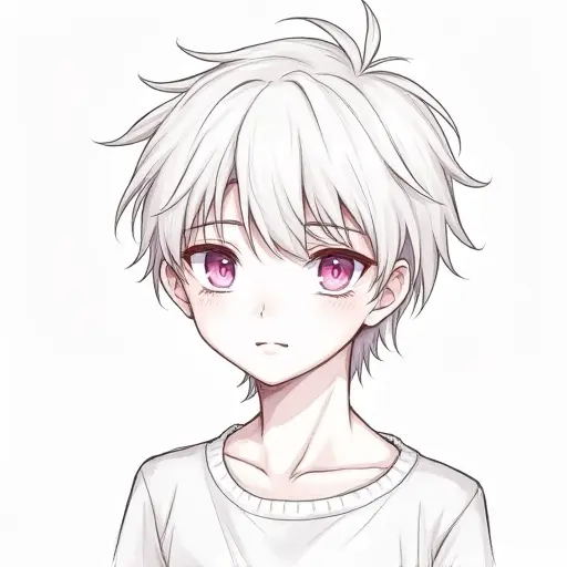 A boy with pink eyes and short hair, sketched with soft pencil lines and subtle shading.