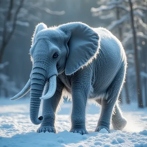 An elephant covered in icy crystals, walking majestically through a frosty forest, with the light reflecting off the ice creating a sparkling trail behind it.