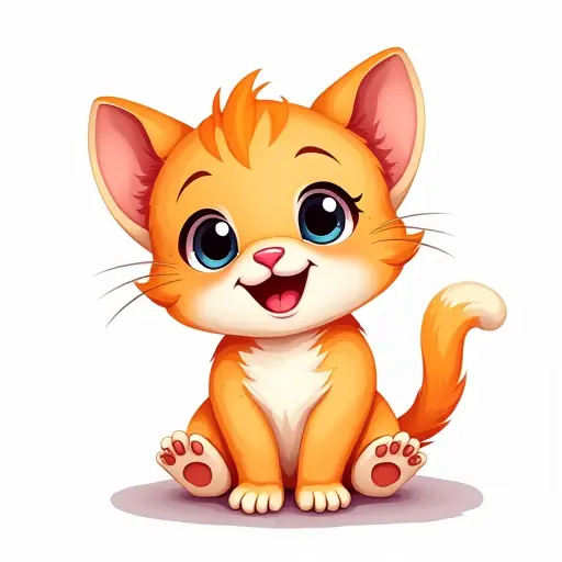 A joyful kitten with big eyes and a wide smile, drawn with fluid, curving lines and bright colors.