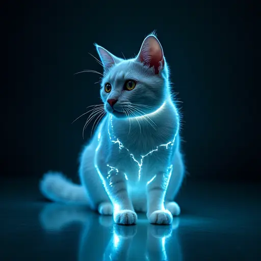 A cat illuminated by a mysterious light source, casting glowing beams that reflect across its sleek, high-tech body.