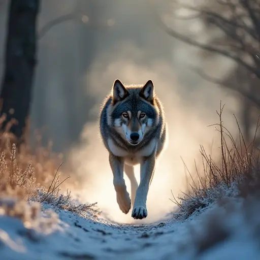 A wolf running through a frost-covered autumn forest, its breath visible in the cool air,