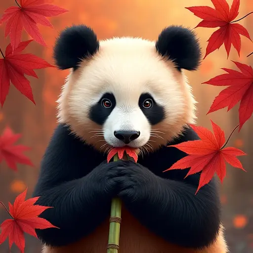 A panda surrounded by vibrant red maple leaves, with its fur blending harmoniously with the colors of autumn as it munches on bamboo.