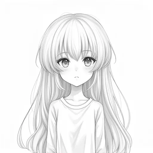 A girl with long hair and short bangs, drawn in fine pencil strokes with delicate shading.