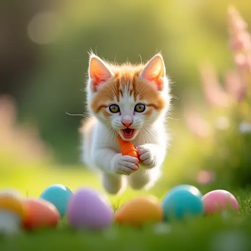 A cute kitten hopping around a garden, playing with colorful Easter eggs and nibbling on a carrot, celebrating the joy of spring and new beginnings.