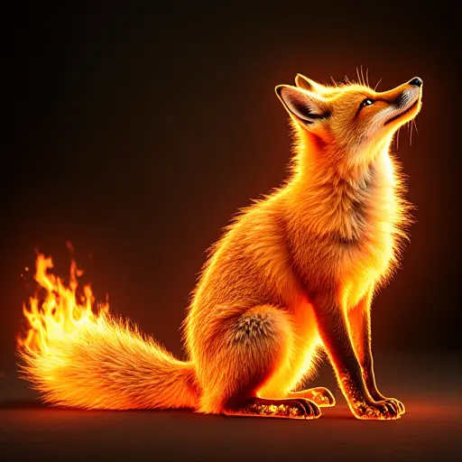 A fox formed from flickering flames, with fiery tails and glowing embers that create a bold, intense visual.